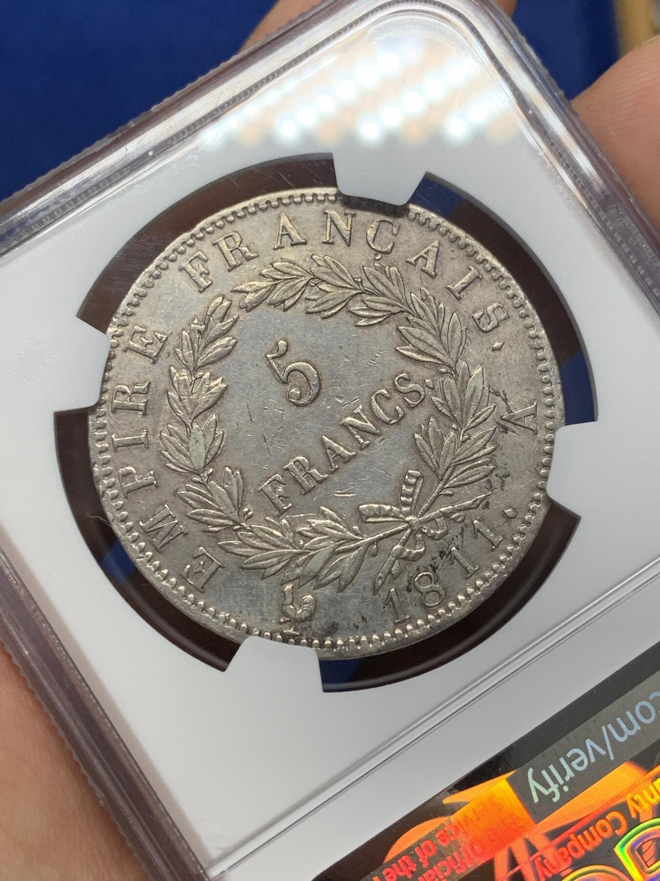 《竞宝斋》第468场 周日，周一 2场连拍 （全场包邮）欢迎送拍 NGC AUD 法国1811A拿破仑5法郎银币