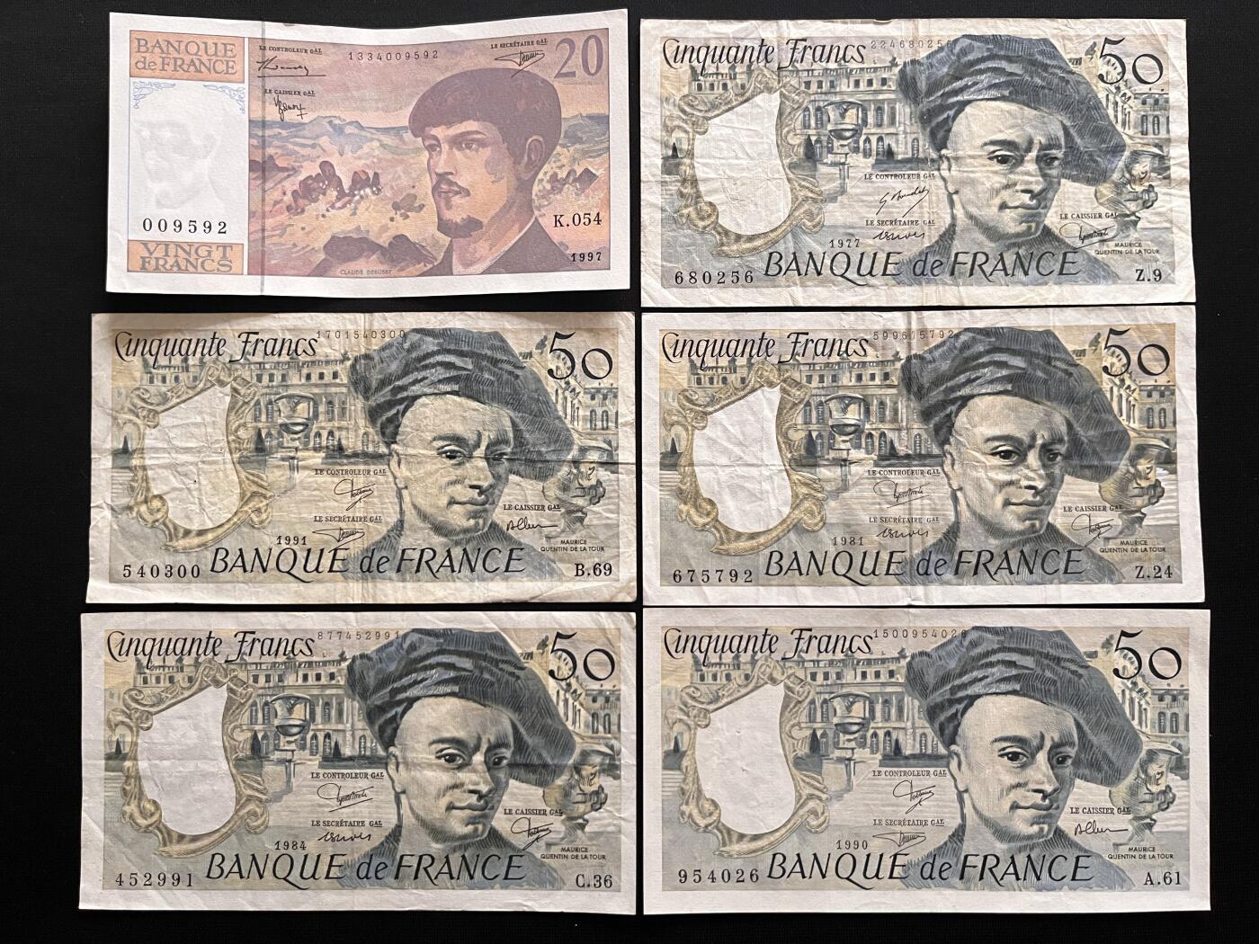 咖啡豆•收藏 2026年Mar_14th世界各国纸币拍卖 6枚 法国 20&50法郎 品如图 外国纸币