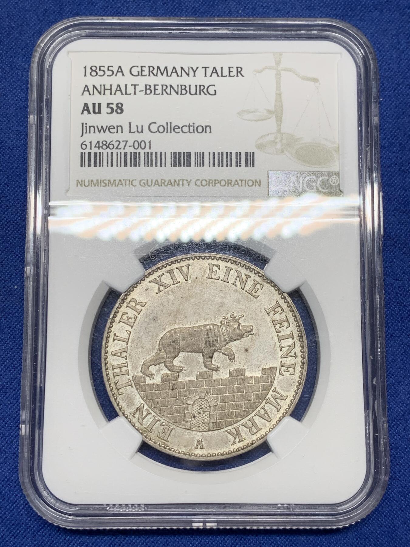 《竞宝斋》第468场 周日，周一 2场连拍 （全场包邮）欢迎送拍 NGC AU58 德国 1855A 安哈特 矿业祈福 小熊爬墙泰勒 细节高耸 高点具在 原味包浆下带原光 标签带藏家名称