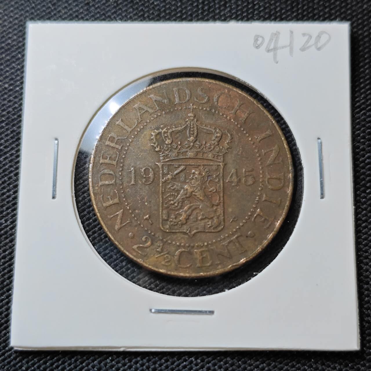 KK钱币收藏小铺   第404期 2月预留时间 周末发货  1945荷属东印度2.5分铜币