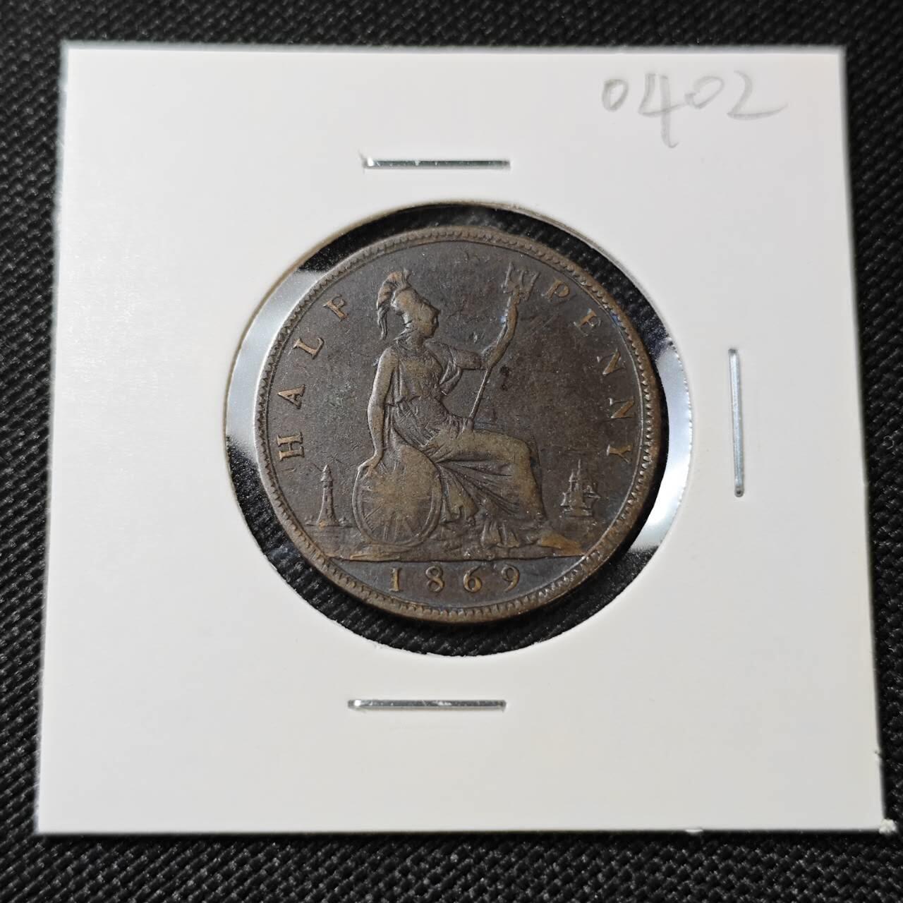 KK钱币收藏小铺   第404期 2月预留时间 周末发货  1869英国半便士铜币