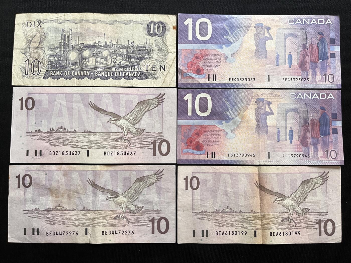 咖啡豆•收藏 2026年Mar_14th世界各国纸币拍卖 6枚 加拿大 10元 品如图 外国纸币