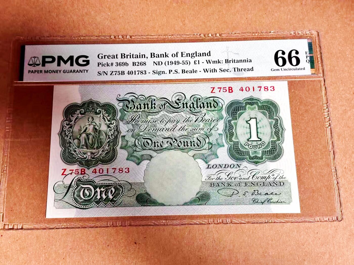 【Blue Auction】世界纸币精拍第792期——18级TOP拍卖/信誉/品质/专业/高效💫 【p369b】英国 1949-55年1镑 PMG66EPQ 