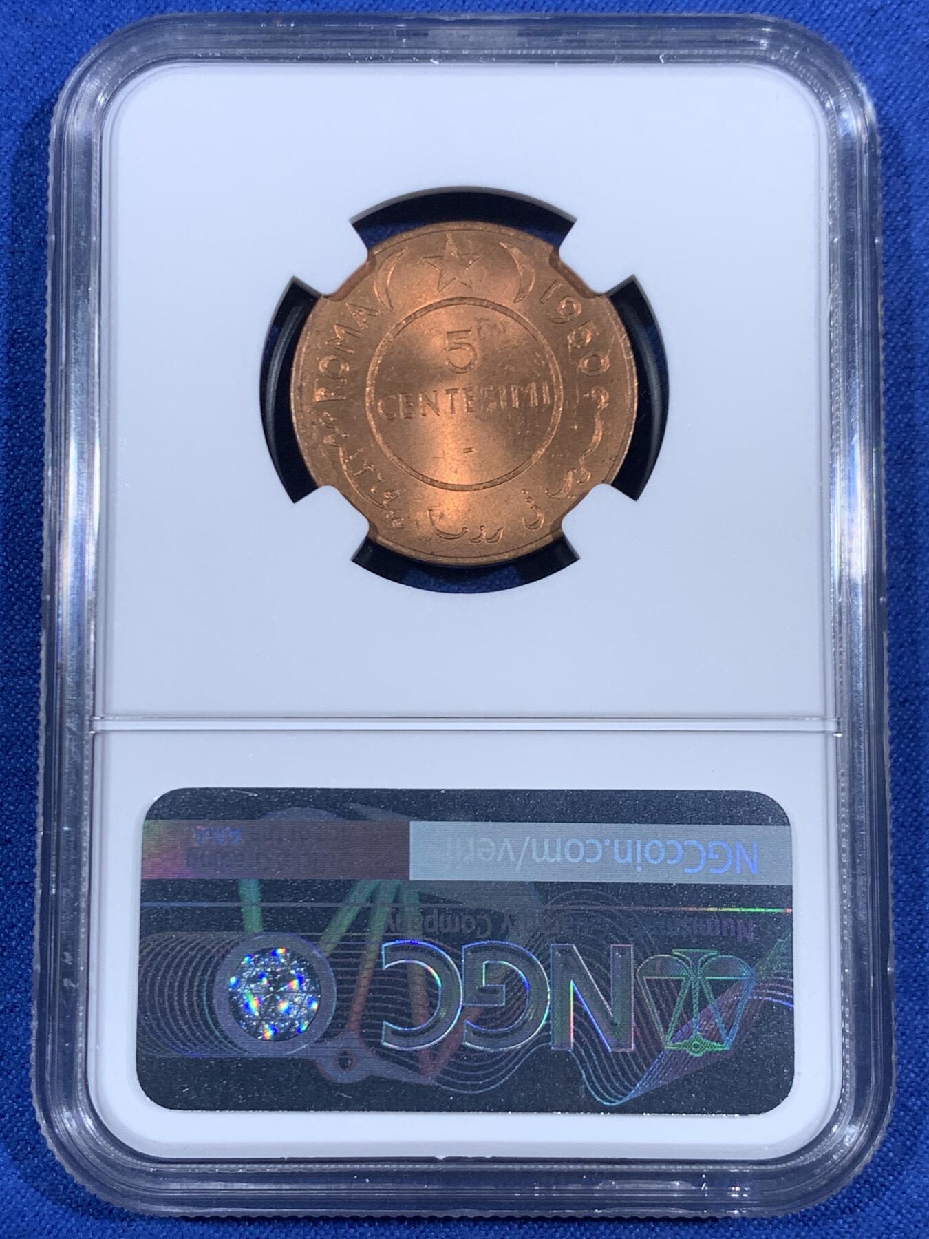 《竞宝斋》第468场 周日，周一 2场连拍 （全场包邮）欢迎送拍 NGC MS64RD 1950年意属索马里5分铜币 大象!车轮光状态漂亮！