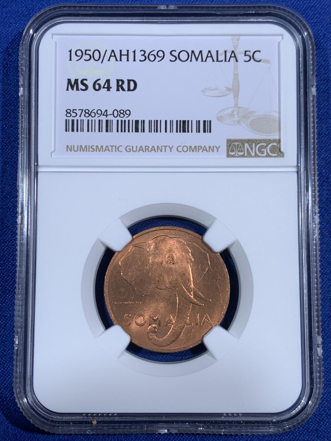 《竞宝斋》第468场 周日，周一 2场连拍 （全场包邮）欢迎送拍 NGC MS64RD 1950年意属索马里5分铜币 大象!车轮光状态漂亮！