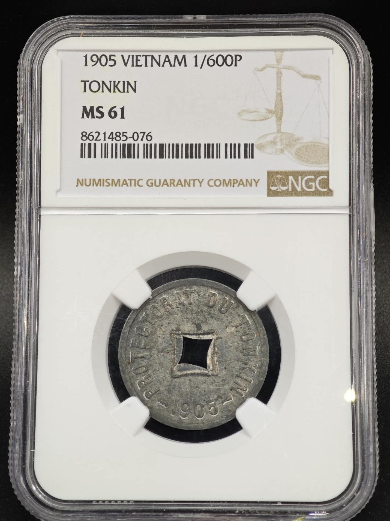 【淘币小摊】实时拍第八百七十九拍   银币套币场    每周一统一发货 法属东京湾1905年六百分之一通宝锌币 NGC MS61