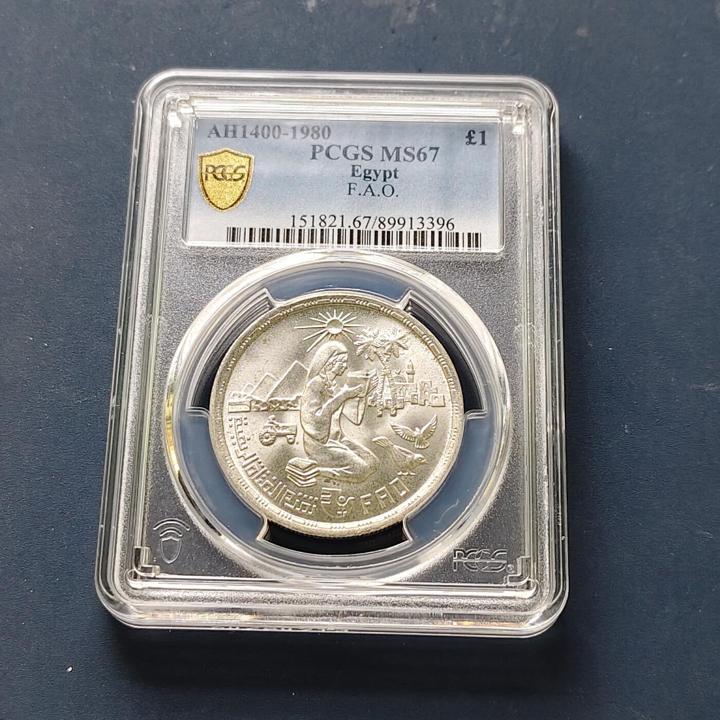 【全场包邮】纯粹捡漏拍511场 【收藏级·亚军分】埃及1980年1镑FAO妇女年改善农村妇女的条件纪念银币-PCGS MS67（更高分仅3枚）