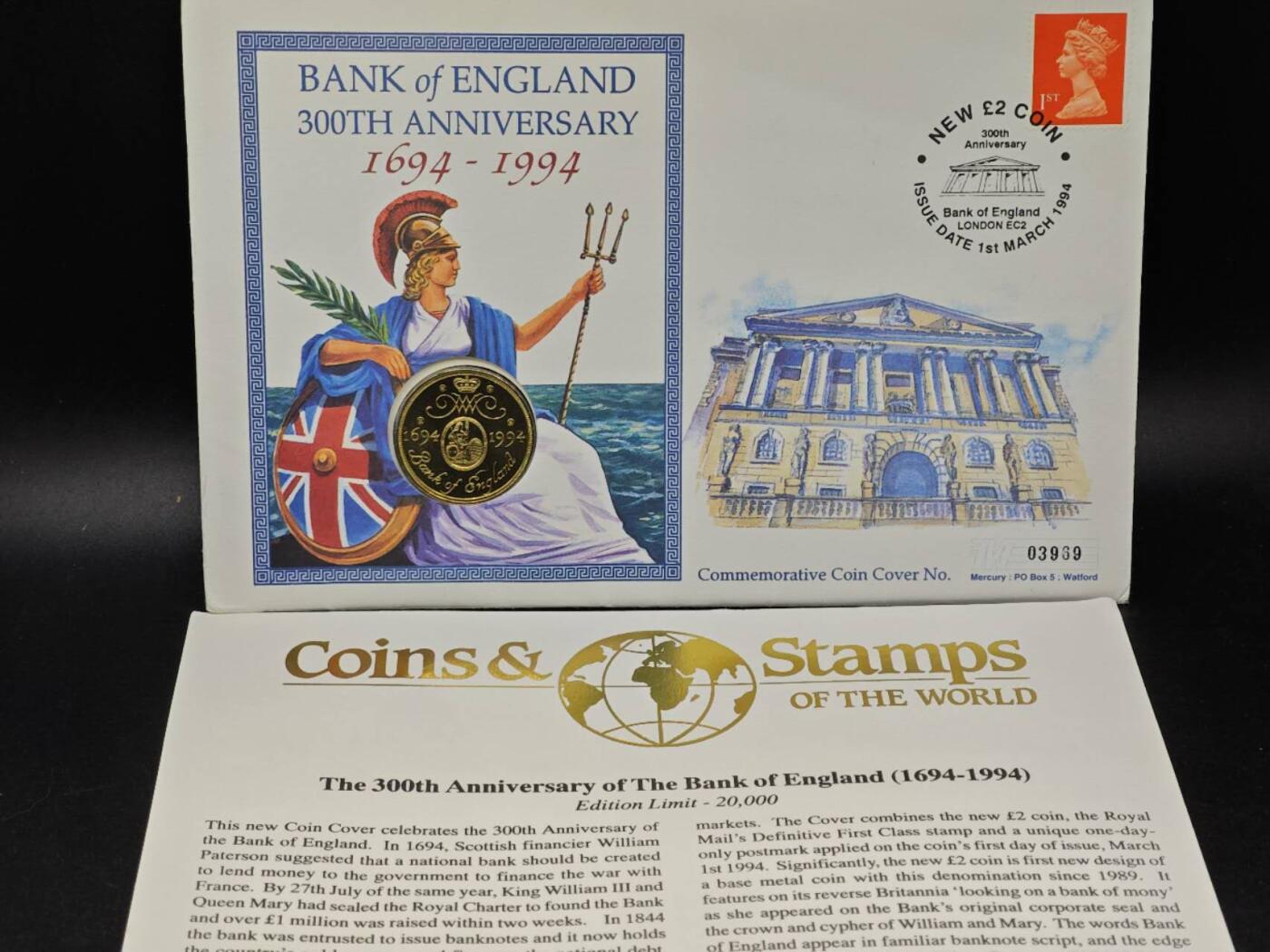  【淘币小摊】限时拍第八百七十八拍   克朗币邮币封场    每周一统一发货 英国1994年英格兰银行300周年2镑邮币封