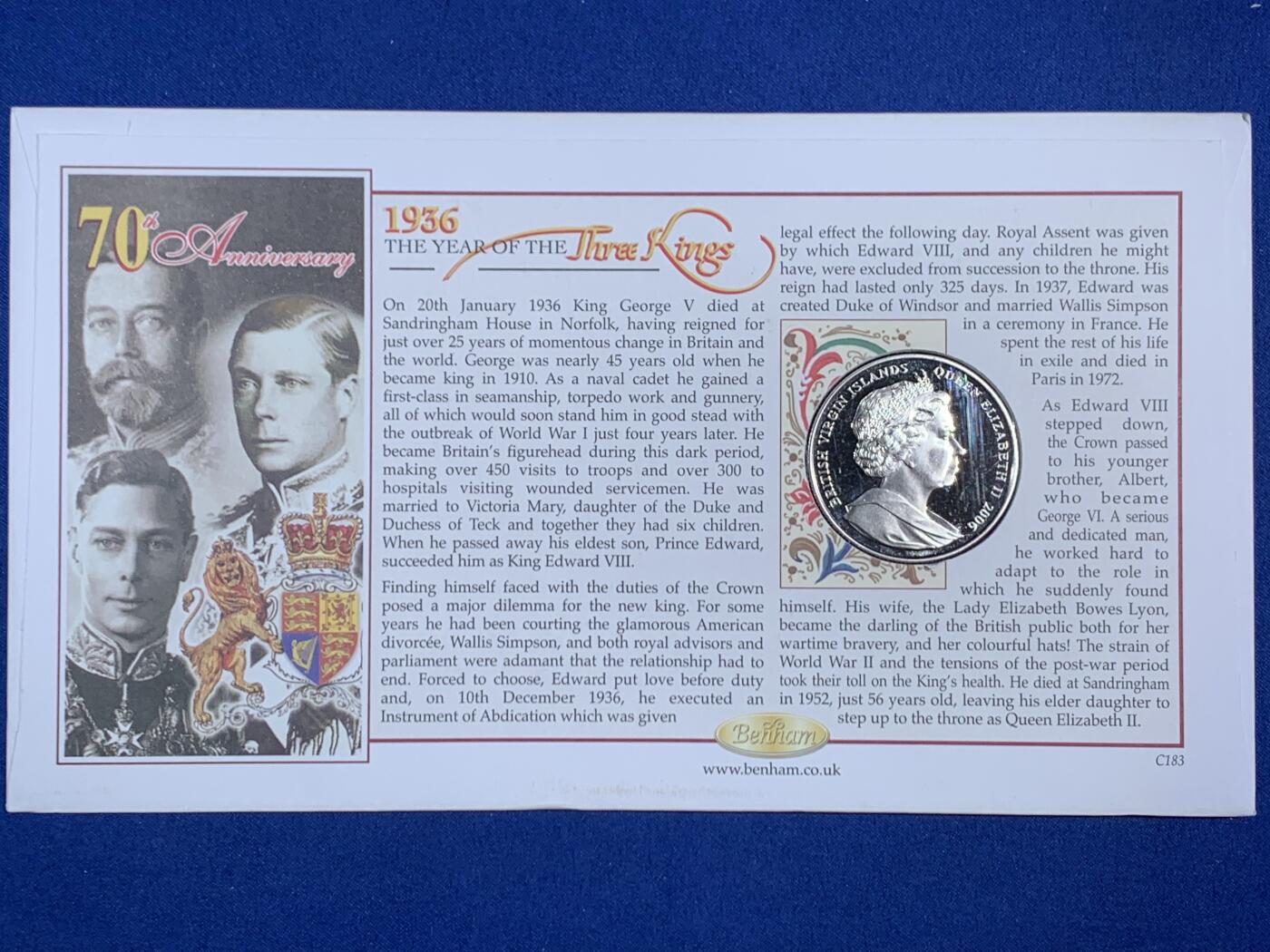 《竞宝斋》第468场 周日，周一 2场连拍 （全场包邮）欢迎送拍 三枚一组 英属维京群岛2006年纪念英国三王之年70周年1元纪念币，邮币封，乔治五世，爱德华八世，乔治六世