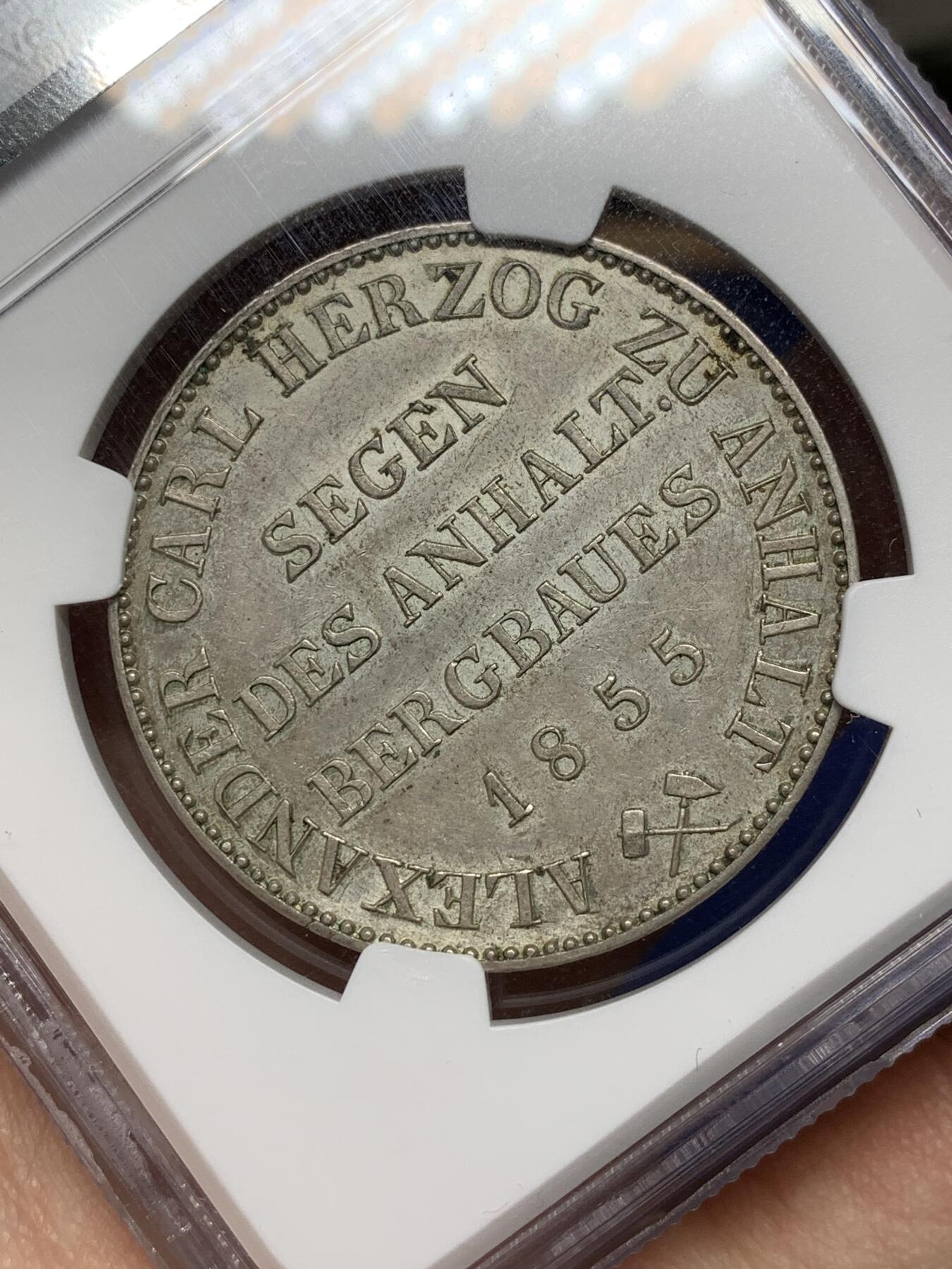 《竞宝斋》第468场 周日，周一 2场连拍 （全场包邮）欢迎送拍 NGC AU58 德国 1855A 安哈特 矿业祈福 小熊爬墙泰勒 细节高耸 高点具在 原味包浆下带原光 标签带藏家名称