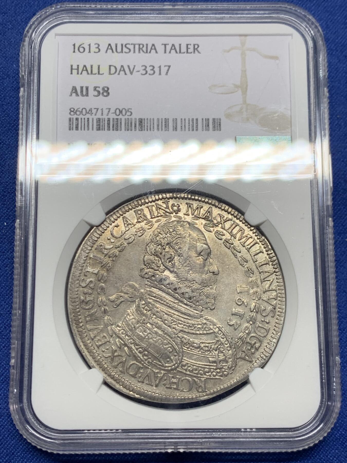 《竞宝斋》第468场 周日，周一 2场连拍 （全场包邮）欢迎送拍 冠军分 NGC AU58 奥地利 1613年 马克西米利安三世 泰勒银币 极少品种 有分的仅4枚 外拍高价品种