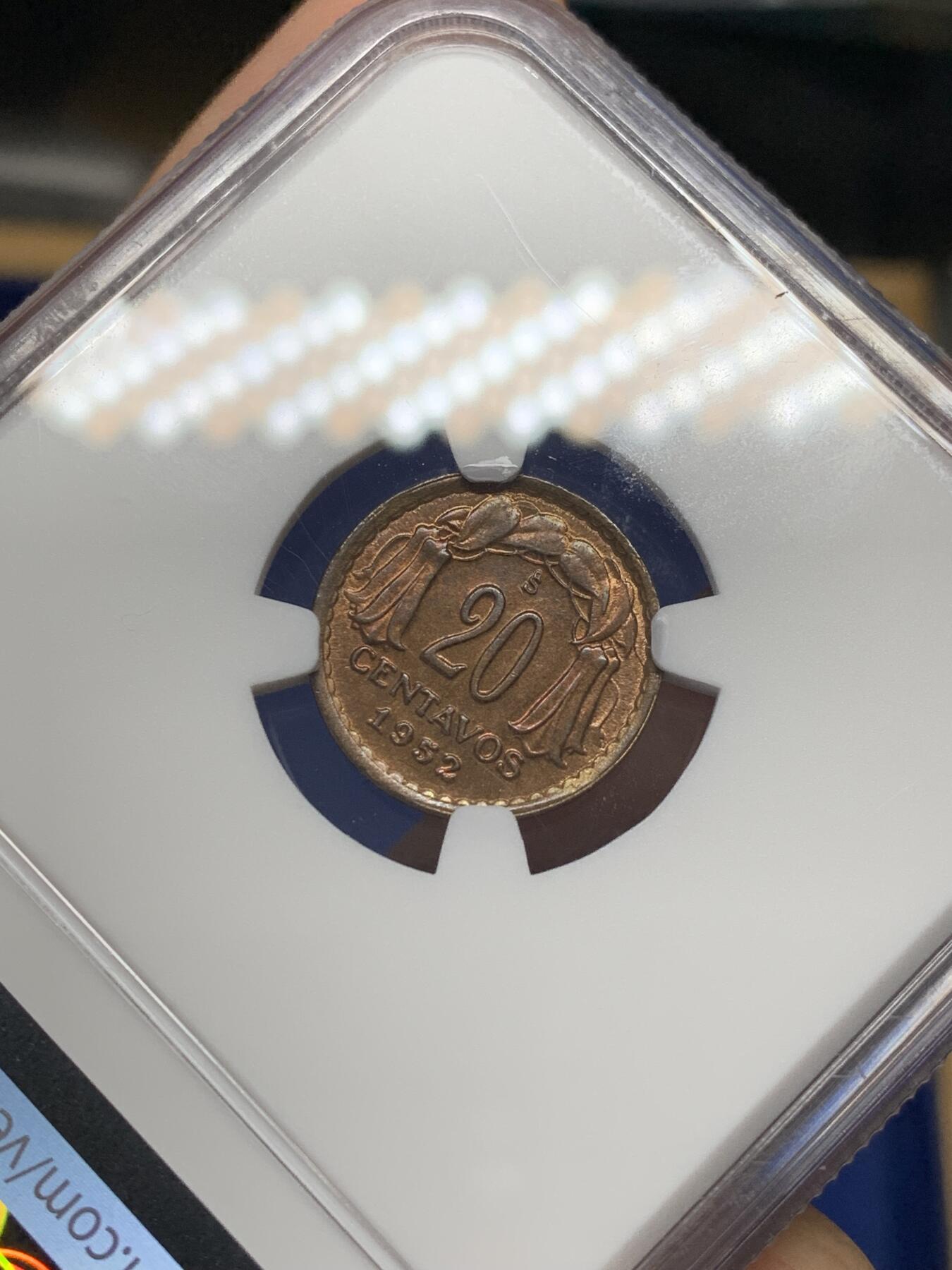 《竞宝斋》第468场 周日，周一 2场连拍 （全场包邮）欢迎送拍 NGC MS64RB 1952年智利20分铜币 拆卷品评级 冠军分！