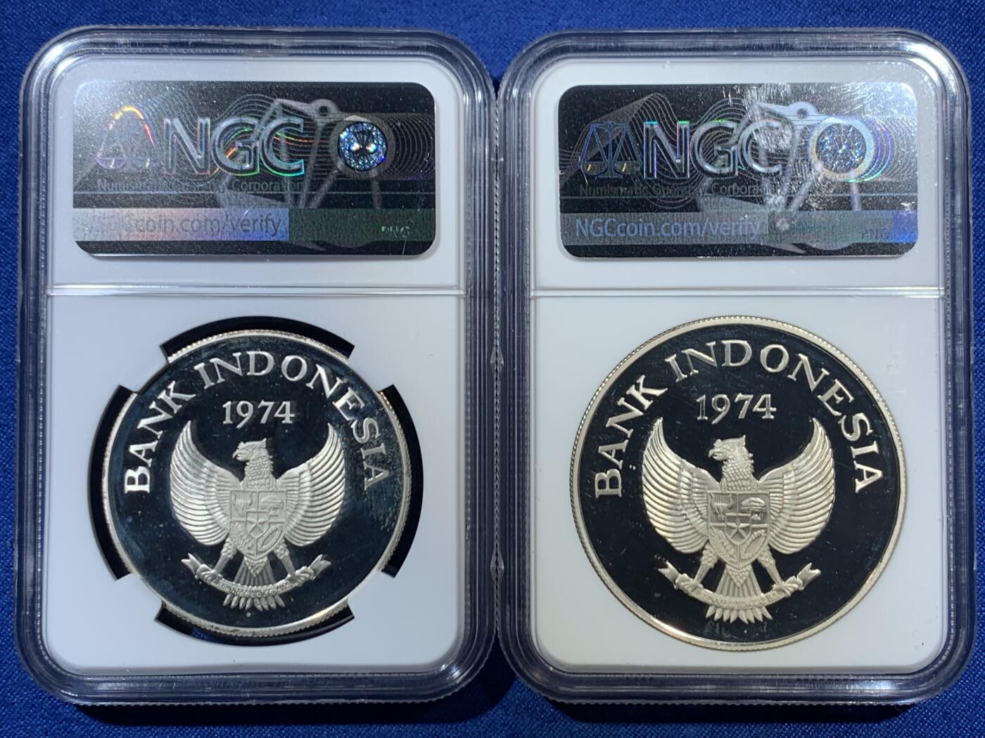 《竞宝斋》第468场 周日，周一 2场连拍 （全场包邮）欢迎送拍 两枚一组 NGC PF66-67UC 印度尼西亚1974年野生珍稀动物PROOF银币 爪哇虎+红毛猩猩 精致漂亮