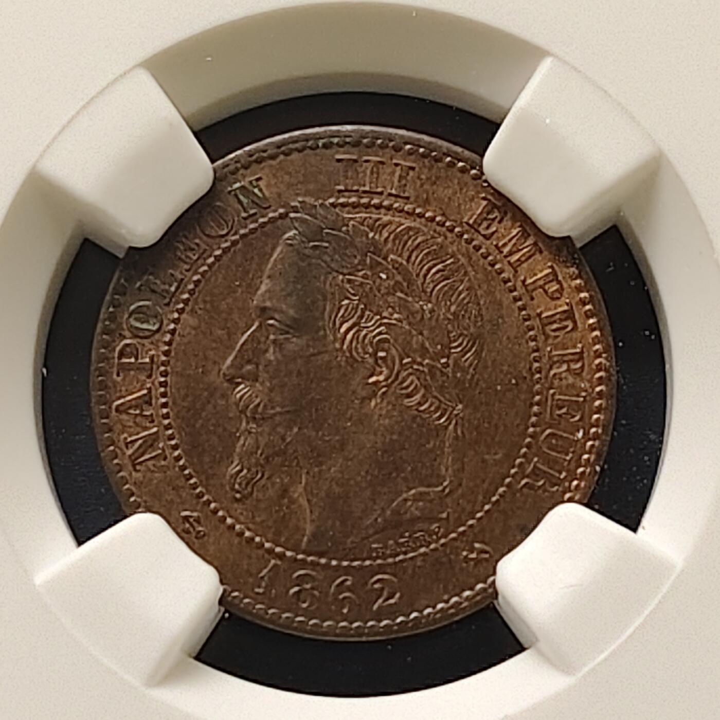 【全场包邮】纯粹捡漏拍511场 法国第二帝国1862年拿破仑三世2分铜币-NGC MS63 BN