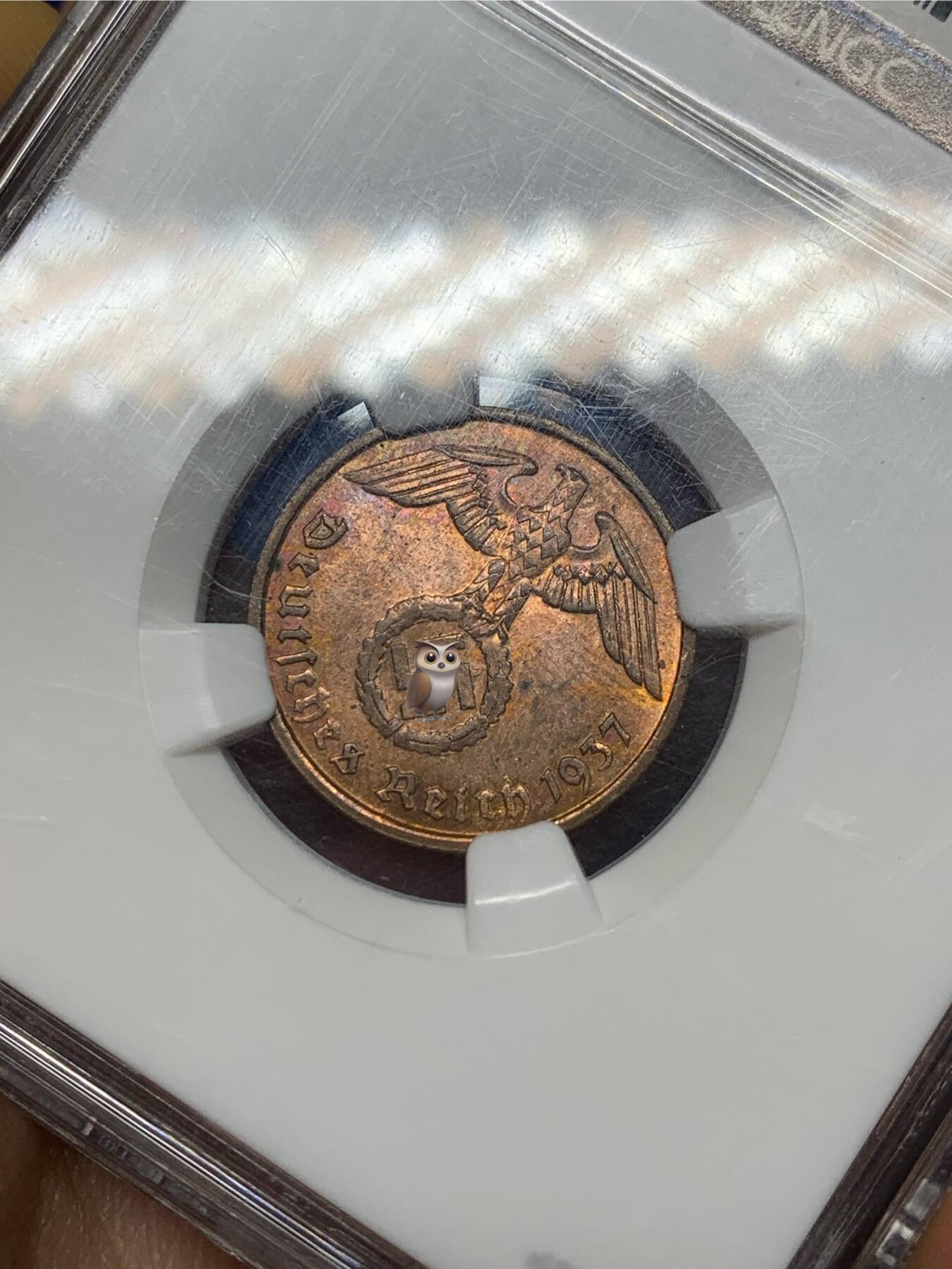 《竞宝斋》第468场 周日，周一 2场连拍 （全场包邮）欢迎送拍 NGC MS64RB 德国2芬尼铜币，1937年版。难得带原铜光，老盒严评，可入藏级状态。