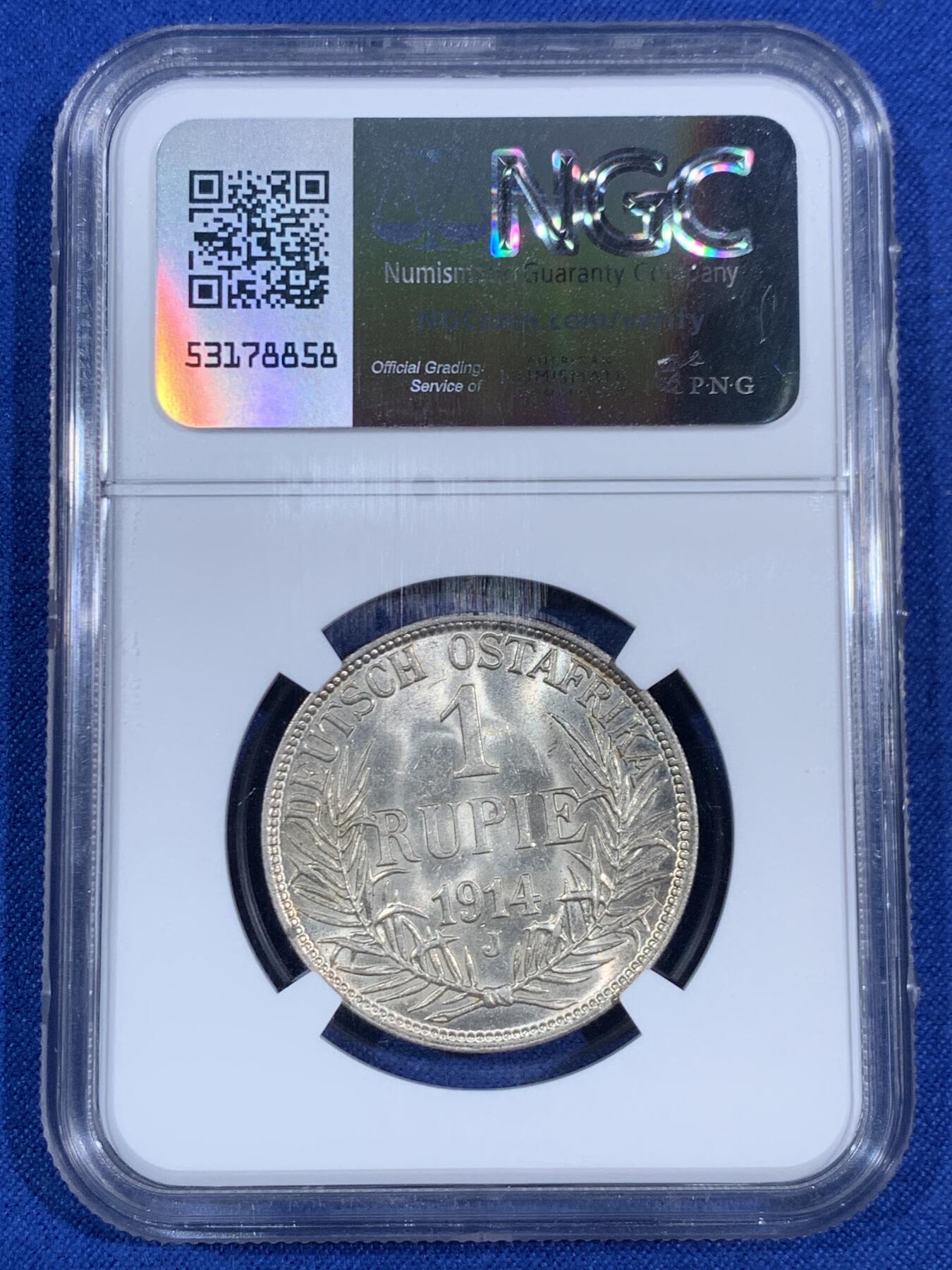 《竞宝斋》第468场 周日，周一 2场连拍 （全场包邮）欢迎送拍 NGC MS61 德国1914年德属东非1卢比面值版 光度非常好，疑似低评