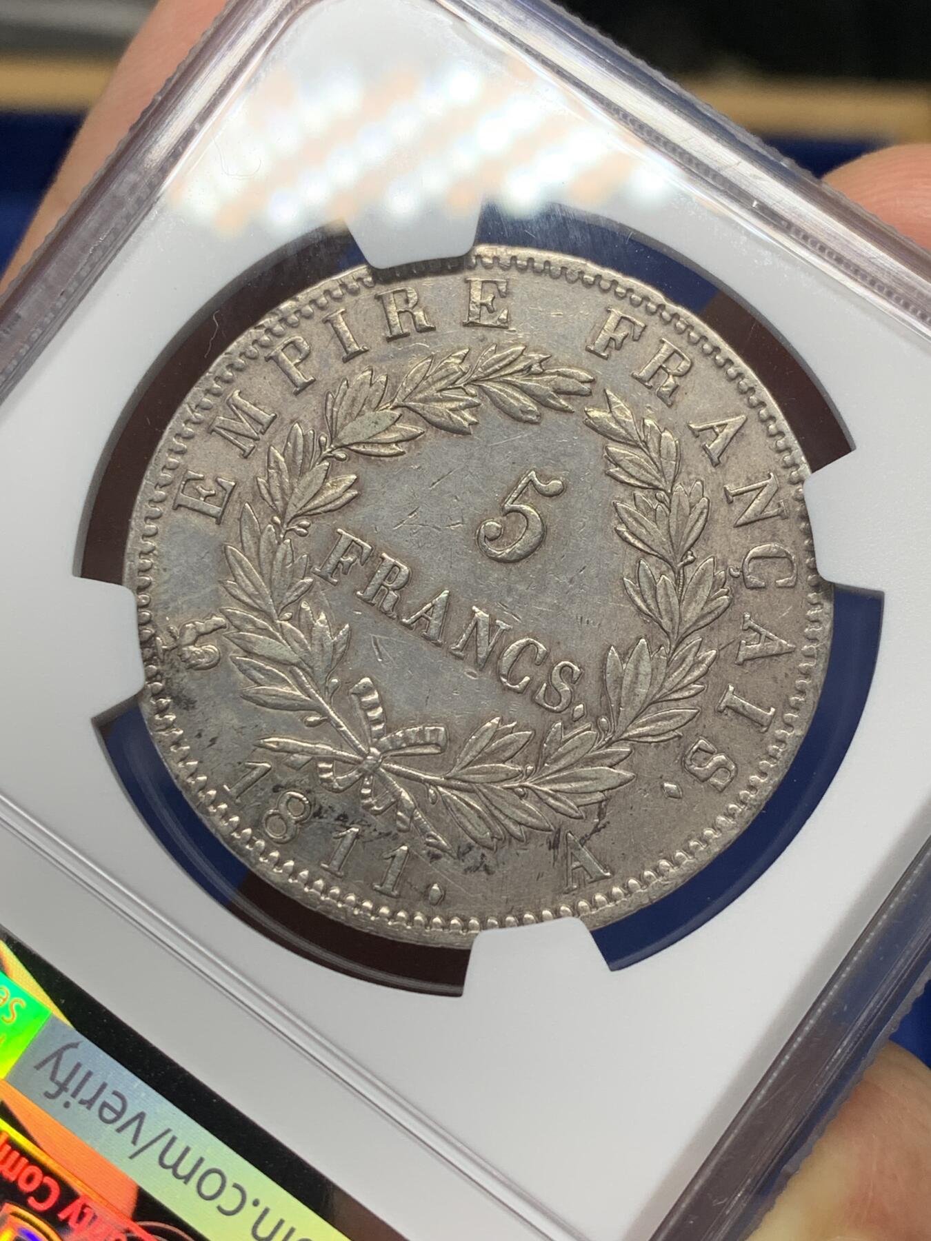 《竞宝斋》第468场 周日，周一 2场连拍 （全场包邮）欢迎送拍 NGC AUD 法国1811A拿破仑5法郎银币