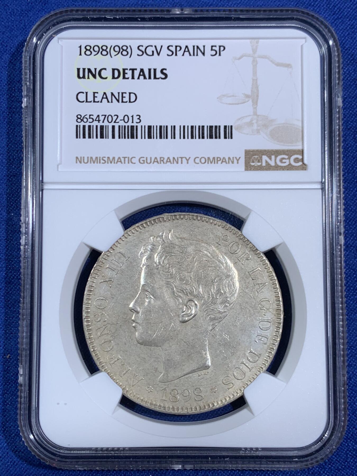 《竞宝斋》第468场 周日，周一 2场连拍 （全场包邮）欢迎送拍 NGC UNCD 西班牙 1898SGV 阿方索十三世小孩头 5比塞塔 银币