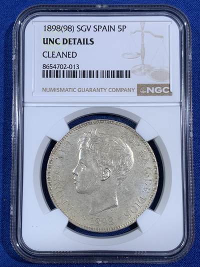 《竞宝斋》第468场 周日，周一 2场连拍 （全场包邮）欢迎送拍 - NGC UNCD 西班牙 1898SGV 阿方索十三世小孩头 5比塞塔 银币