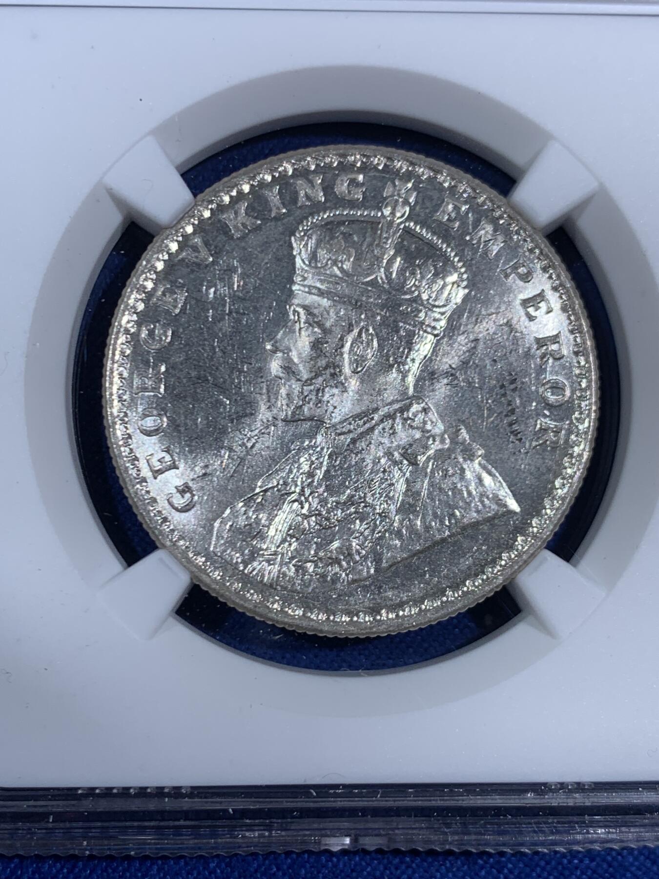 《竞宝斋》第468场 周日，周一 2场连拍 （全场包邮）欢迎送拍 NGC MS62 英属印度 1919年 乔治五世 1卢比 银币