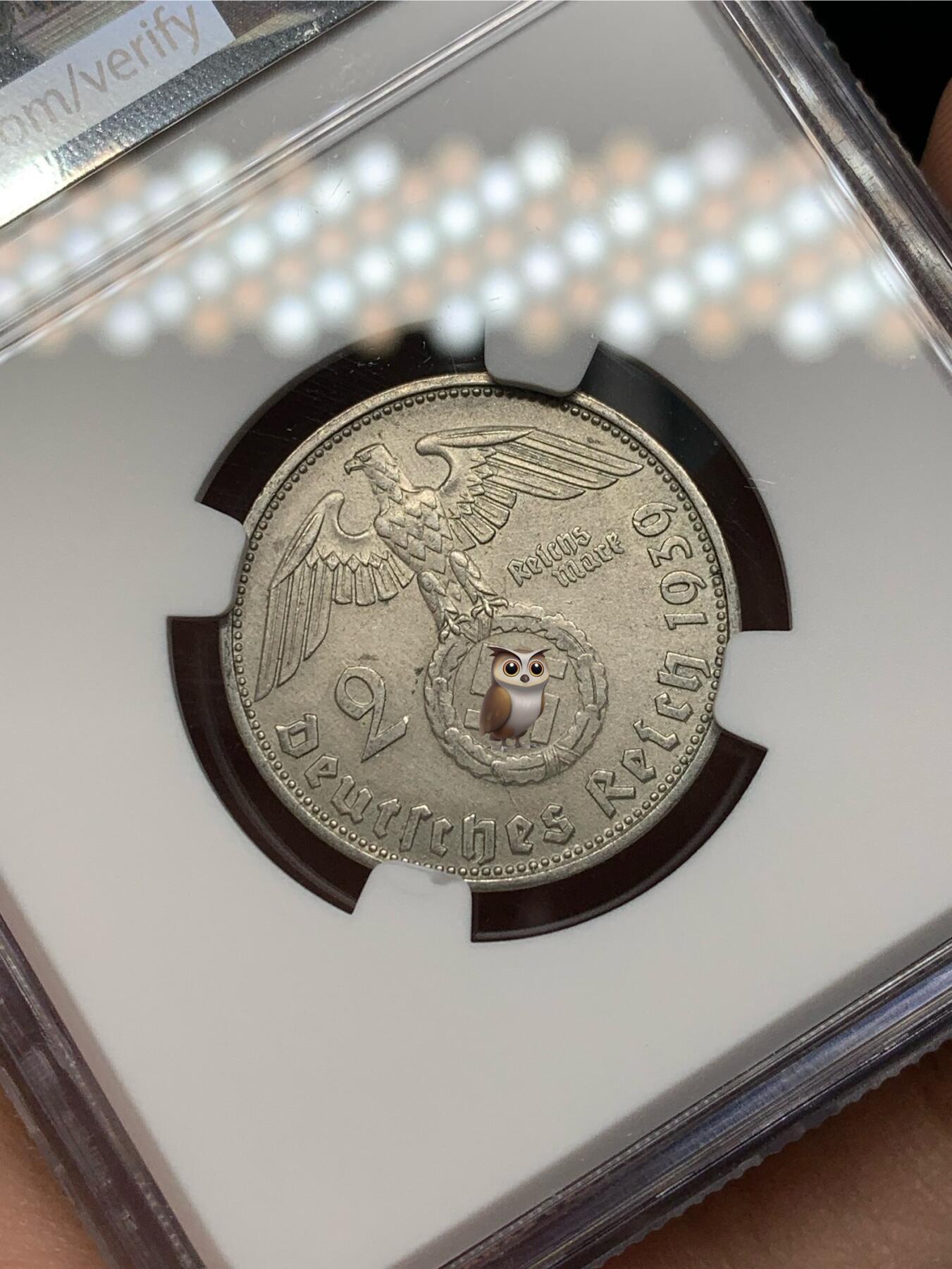 《竞宝斋》第468场 周日，周一 2场连拍 （全场包邮）欢迎送拍 NGC UNCD 德国兴登堡1939年带风车2马克银币 状态不错