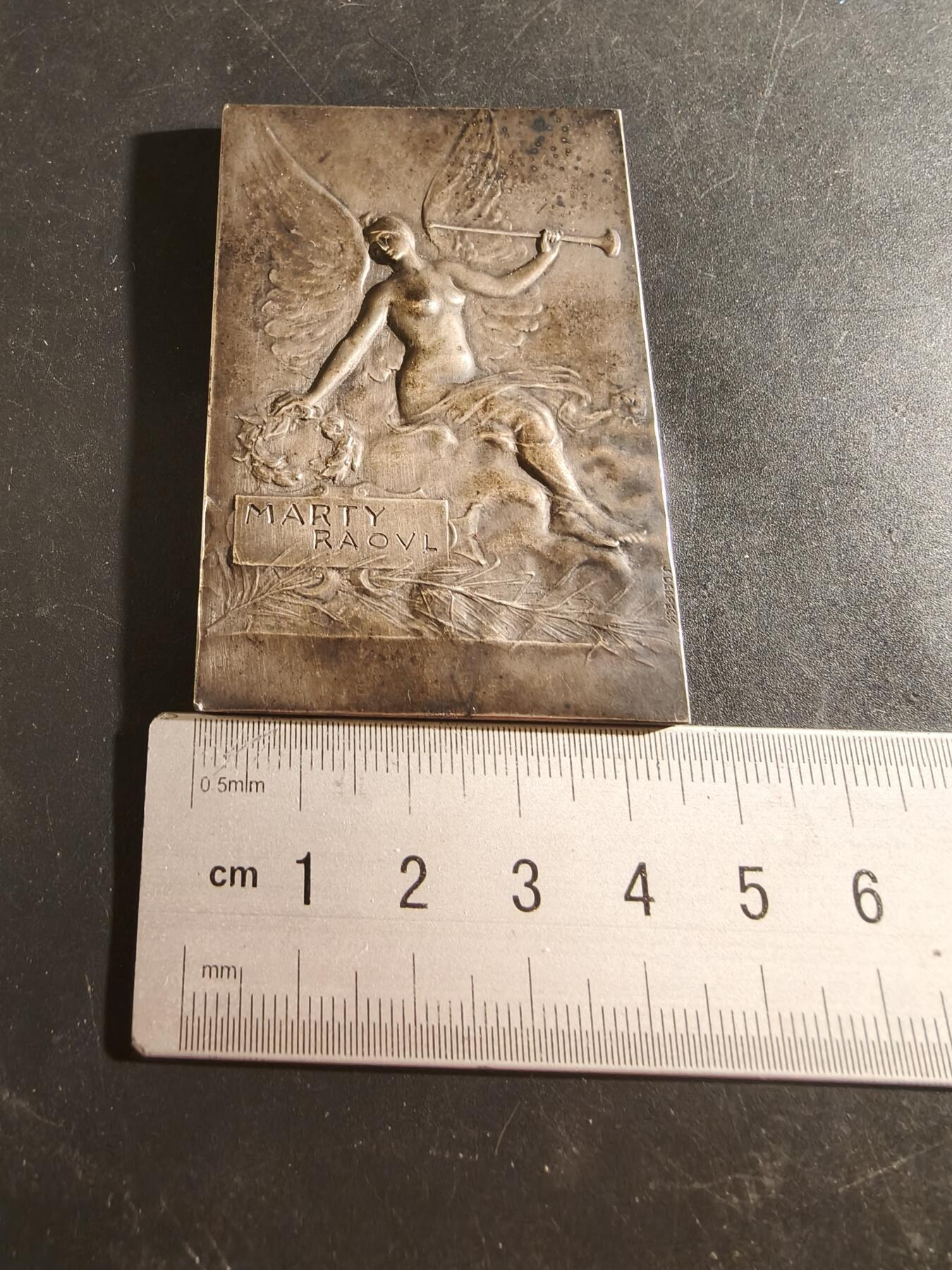 老王徽章第186期 法国1930年图卢兹美术学院二等奖方形镀银大铜章     尺寸43×69mm     重量82.4g