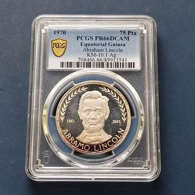 【全场包邮】纯粹捡漏拍511场 - 【少见】赤道几内亚1970年75比塞塔林肯精制纪念银币【36毫米15克99.99%】-量4390-PCGS PR66 DCAM