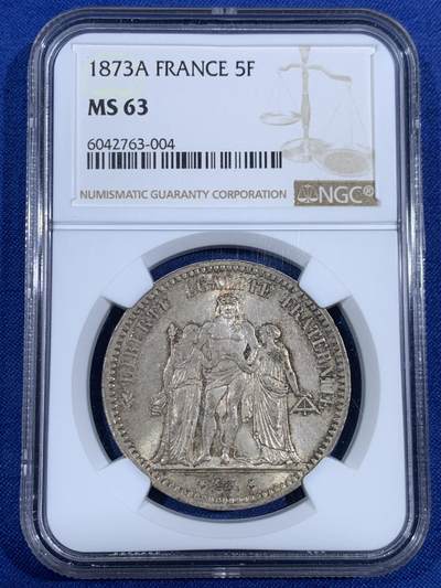 《竞宝斋》第468场 周日，周一 2场连拍 （全场包邮）欢迎送拍 - NGC MS63 法国 1873年 大力神 5法郎 银币