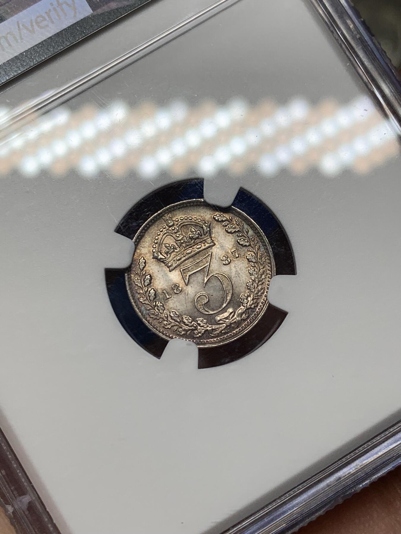 《竞宝斋》第468场 周日，周一 2场连拍 （全场包邮）欢迎送拍 NGC UNCD 英国1887年高冠3便士银币，仅为正面清洗，整体品相细节不错