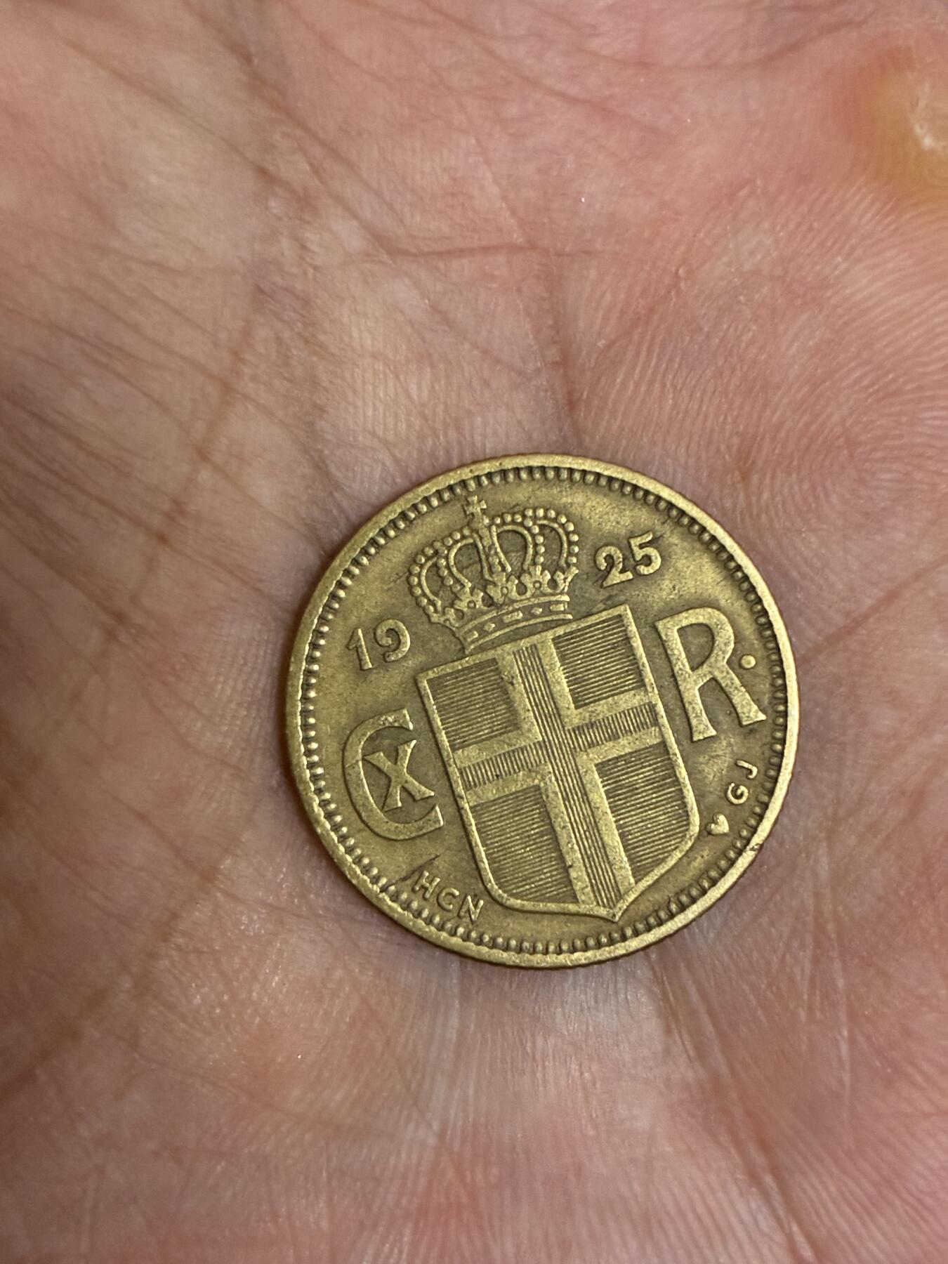 稀少-丹属冰岛1925年1克朗（克里斯蒂安十世第一版，HCN–GJ版，首发年仅发行3年，收藏价值高～）