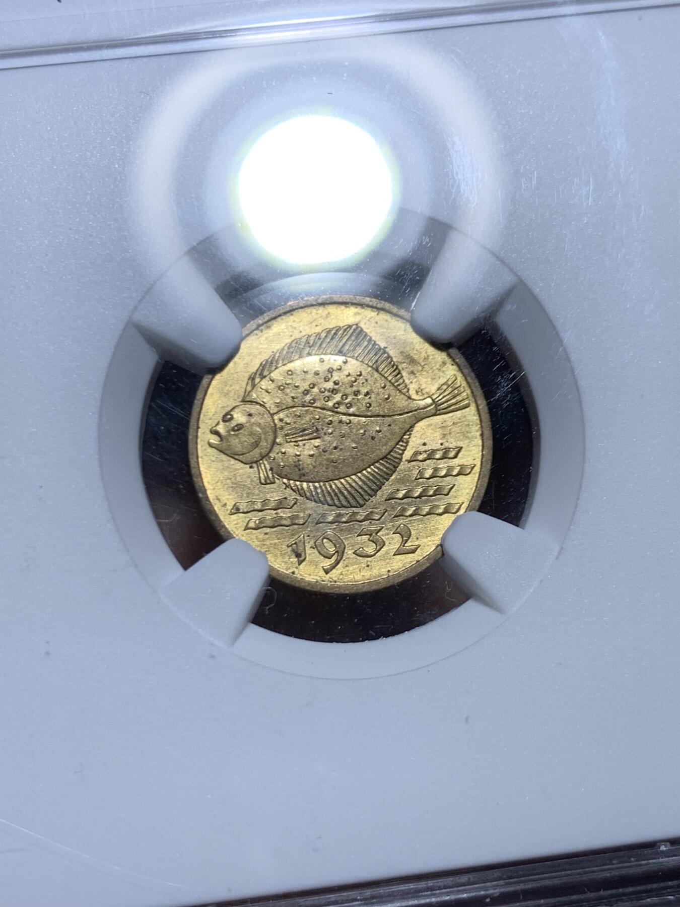 《竞宝斋》第468场 周日，周一 2场连拍 （全场包邮）欢迎送拍 NGC MS63 但泽自由市1932年比目鱼5芬尼