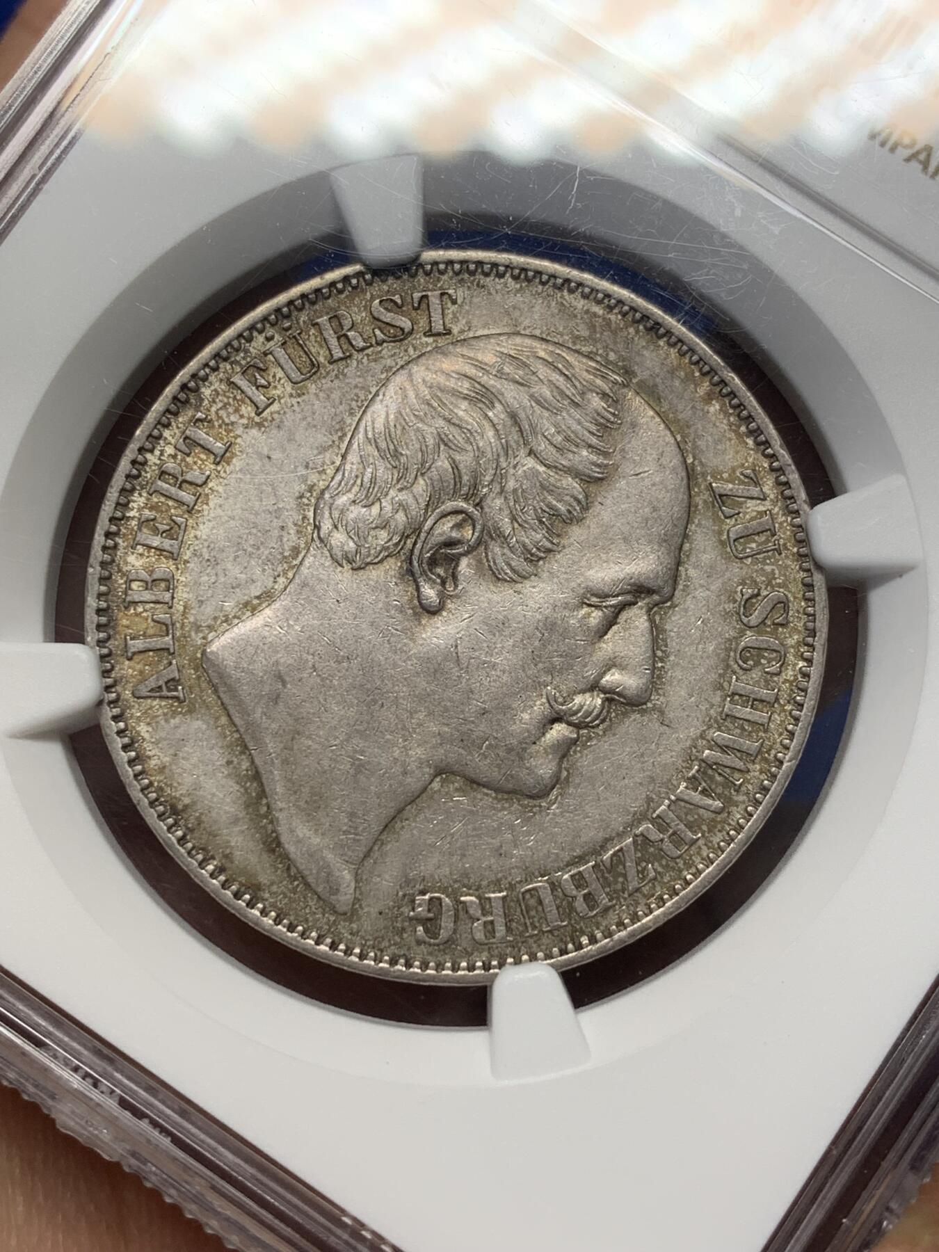 《竞宝斋》第468场 周日，周一 2场连拍 （全场包邮）欢迎送拍 NGC AU58 德国 1867年 施瓦茨堡-鲁多尔施塔特亲王国1泰勒银币 发行量仅13000枚 淡灰包浆 背面标准ms略低评