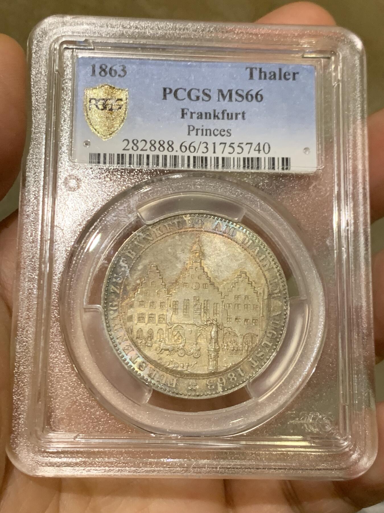《竞宝斋》第468场 周日，周一 2场连拍 （全场包邮）欢迎送拍 PCGS MS66 德国 德意志 1泰勒 Frankfurt法兰克福 Thun.147 KM#0372 1863年 王子泰勒 欧洲五彩包浆 顶级品相