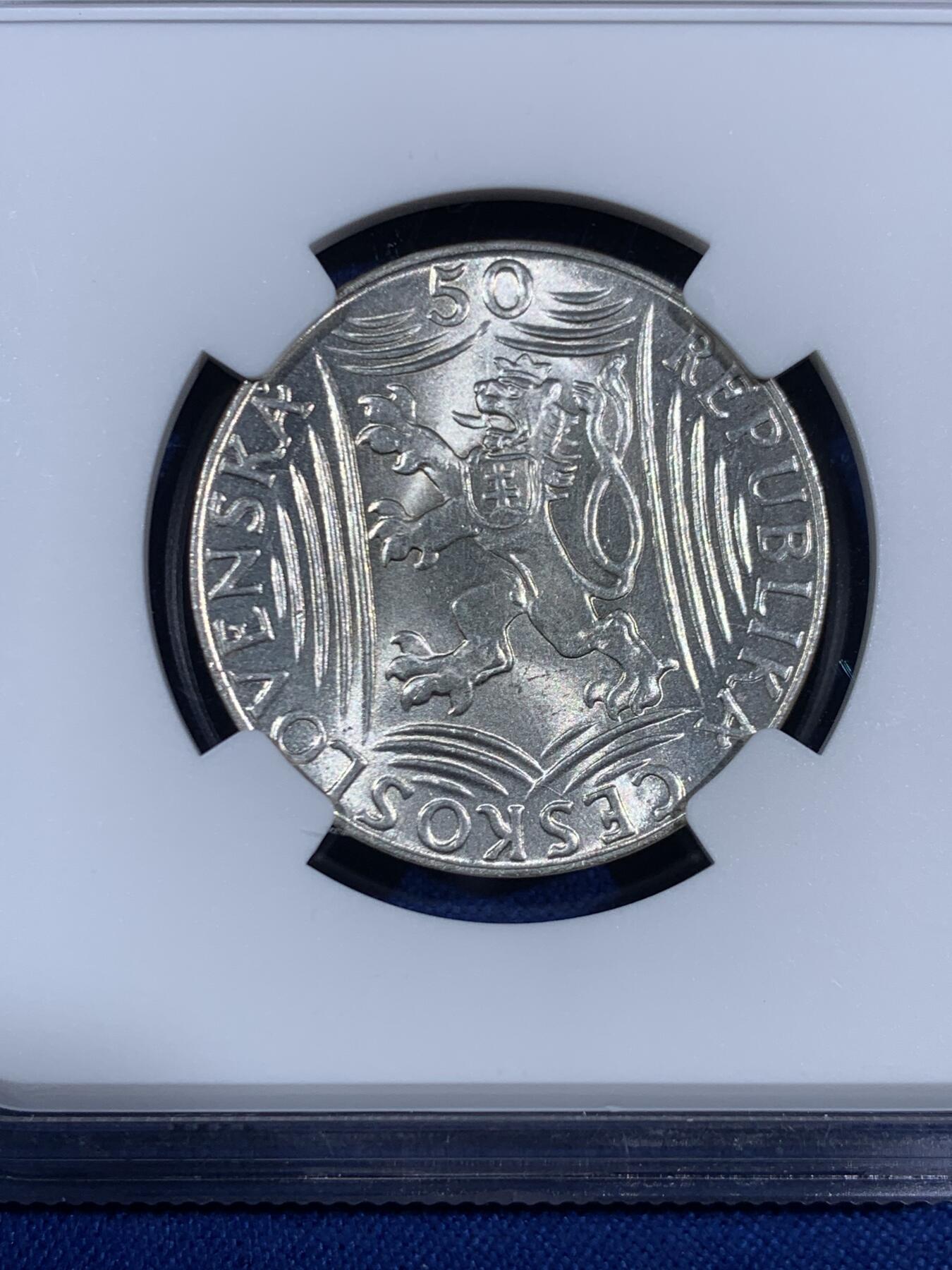 《竞宝斋》第468场 周日，周一 2场连拍 （全场包邮）欢迎送拍 NGC MS62 捷克斯洛伐克斯1949年斯大林诞辰50克朗银币