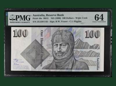【礼羽收藏】🌏世界钱币拍卖127期 - 澳大利亚 1990年100元 毛线帽 PMG64 雕刻经典作品