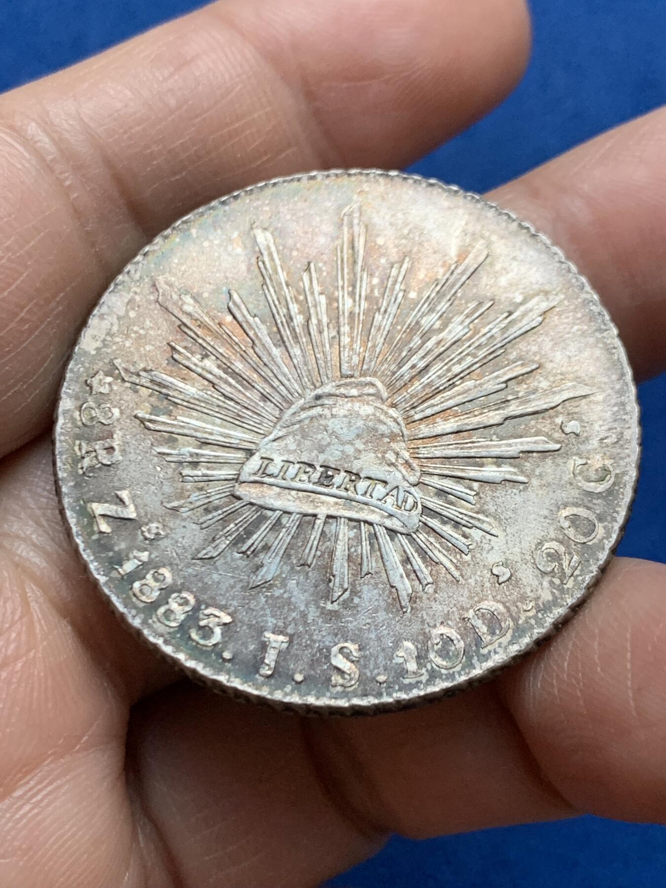 《竞宝斋》第468场 周日，周一 2场连拍 （全场包邮）欢迎送拍 真银假币 1883年 墨西哥花边鹰洋 8瑞尔 银币 包浆漂亮 26.86g