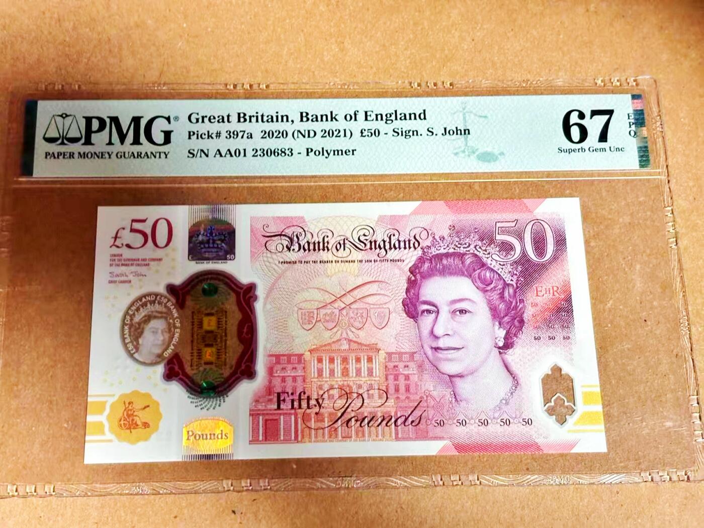 【Blue Auction】世界纸币精拍第792期——18级TOP拍卖/信誉/品质/专业/高效💫 【AA01首发冠 无47】英国 2020年50镑 PMG67EPQ 