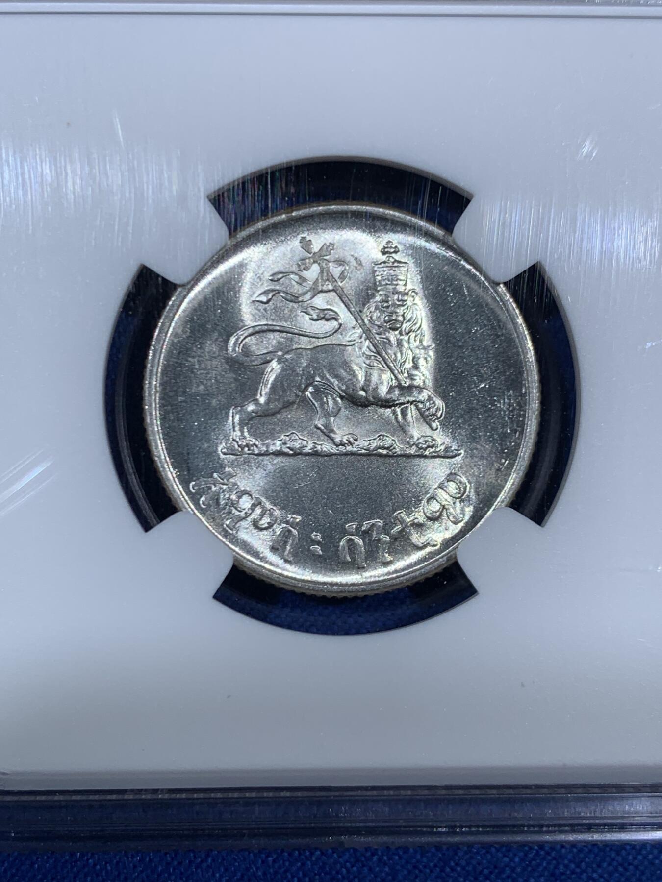 《竞宝斋》第468场 周日，周一 2场连拍 （全场包邮）欢迎送拍 NGC MS64 埃塞俄比亚 EE1936（1944年）50分银币 少见高分