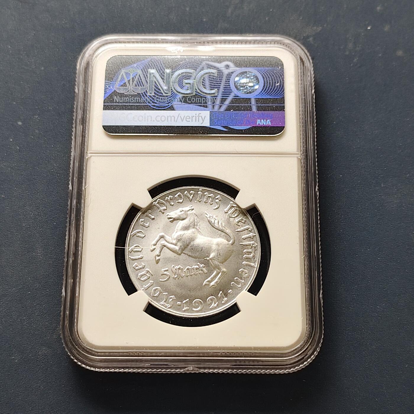 【全场包邮】纯粹捡漏拍511场 德国紧急状态威斯特法伦1921年5马克冯·施泰因男爵大马币-NGC MS62