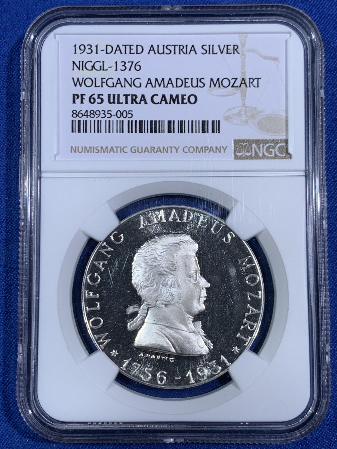 《竞宝斋》第468场 周日，周一 2场连拍 （全场包邮）欢迎送拍 NGC PF65UC 奥地利1931莫扎特诞辰175周年精制银章