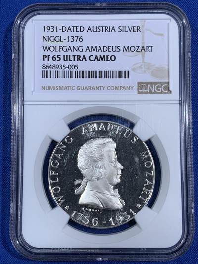 《竞宝斋》第468场 周日，周一 2场连拍 （全场包邮）欢迎送拍 - NGC PF65UC 奥地利1931莫扎特诞辰175周年精制银章