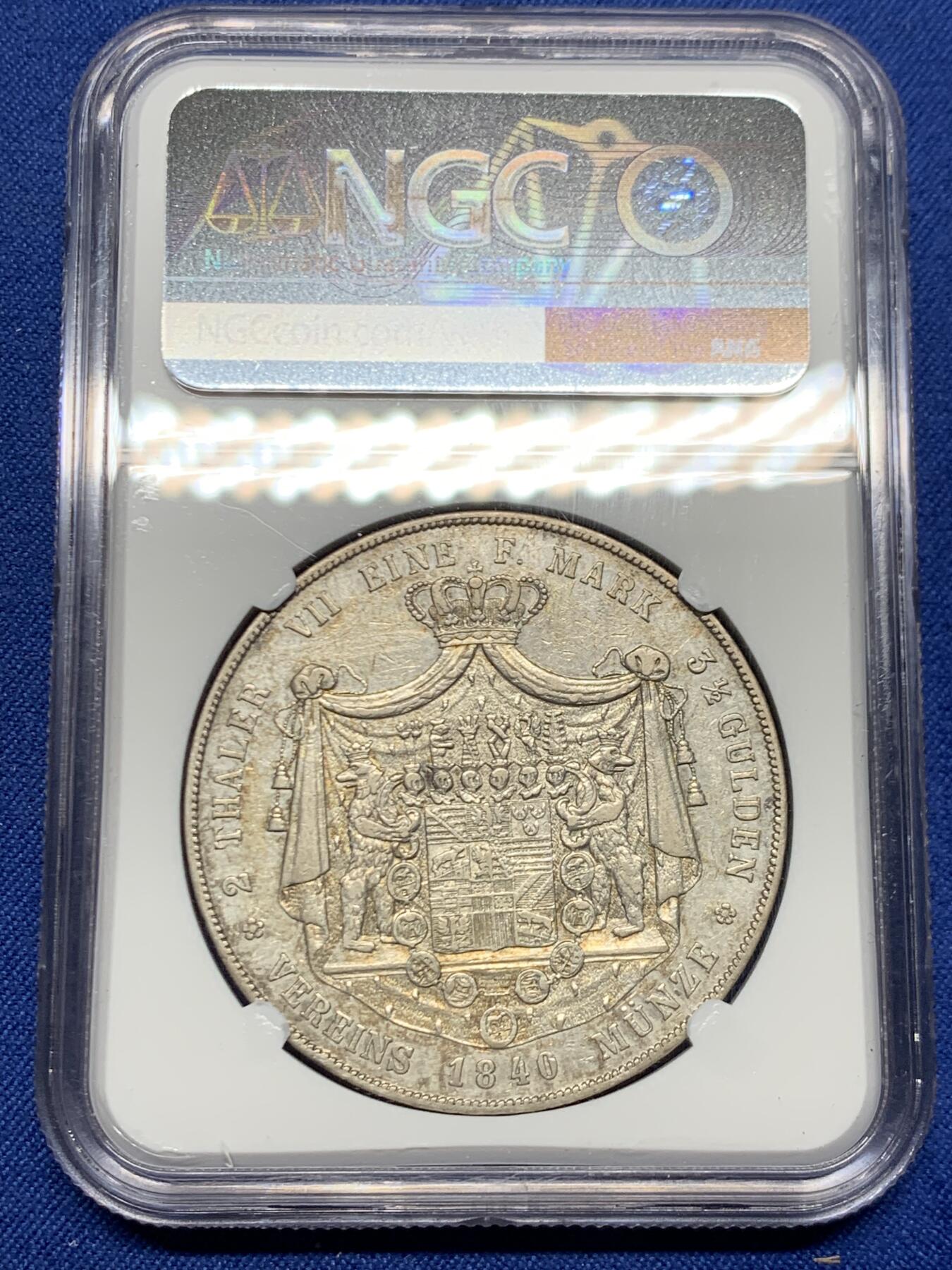 《竞宝斋》第468场 周日，周一 2场连拍 （全场包邮）欢迎送拍 NGC XF 德国 1840年 安哈尔特-科腾公国 海因里希公爵双熊大纹章2泰勒 单年发行只有3100枚的发行量 极少见的品种 不可错过