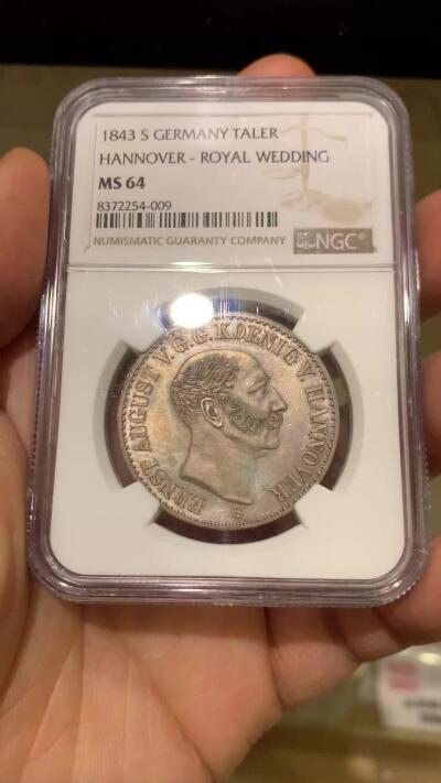 《竞宝斋》第468场 周日，周一 2场连拍 （全场包邮）欢迎送拍 亚军分 NGC MS64 德国 1843 汉诺威王家婚礼纪念泰勒 发行量仅1010枚 可遇不可求的品种 更高分仅一枚