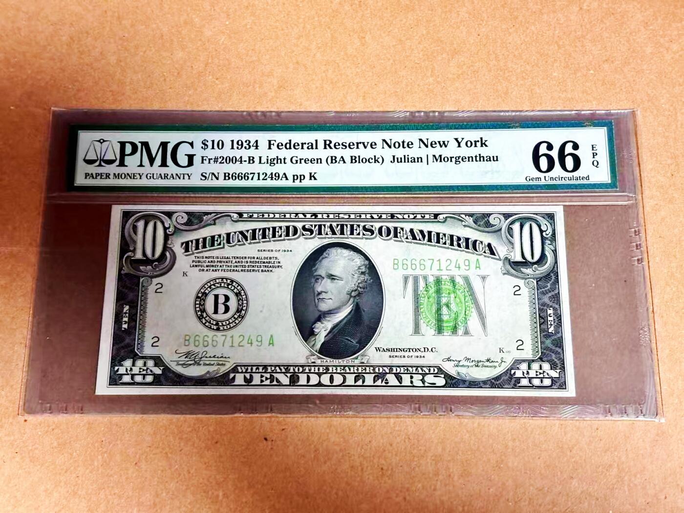 【Blue Auction】世界纸币精拍第792期——18级TOP拍卖/信誉/品质/专业/高效💫 【浅绿版】美国 1934年10美金 PMG66EPQ 