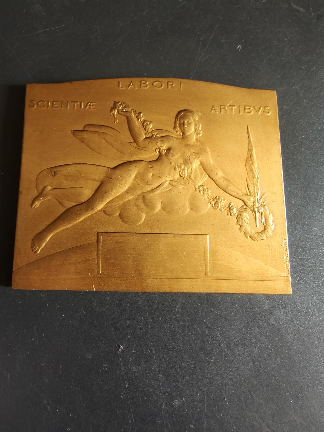 老王徽章第186期 比利时1935年布鲁塞尔工业博览会方形镀金大铜章     带盒子     尺寸80×64mm     重量172.7g