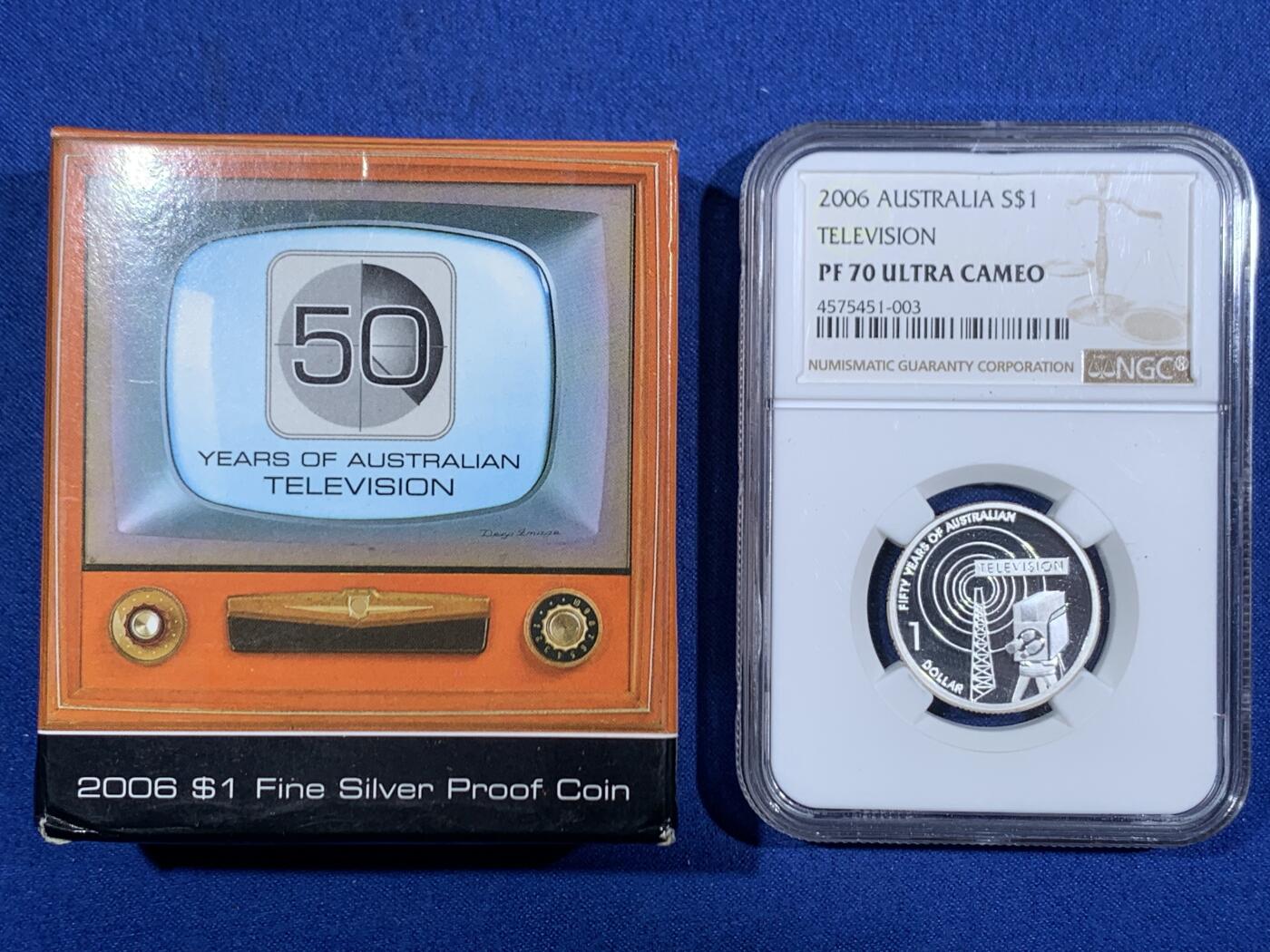 《竞宝斋》第468场 周日，周一 2场连拍 （全场包邮）欢迎送拍 NGC PF70UC 2006年澳大利亚电视50周年纪念1美元精制银币 999银 11.66克 带盒
