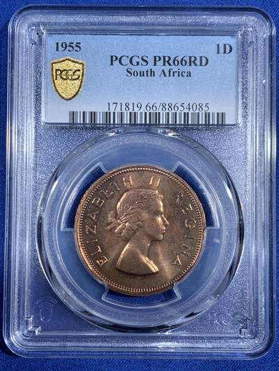 《竞宝斋》第468场 周日，周一 2场连拍 （全场包邮）欢迎送拍 - PCGS PR66RD 南非1955年1便士，高分RD不易