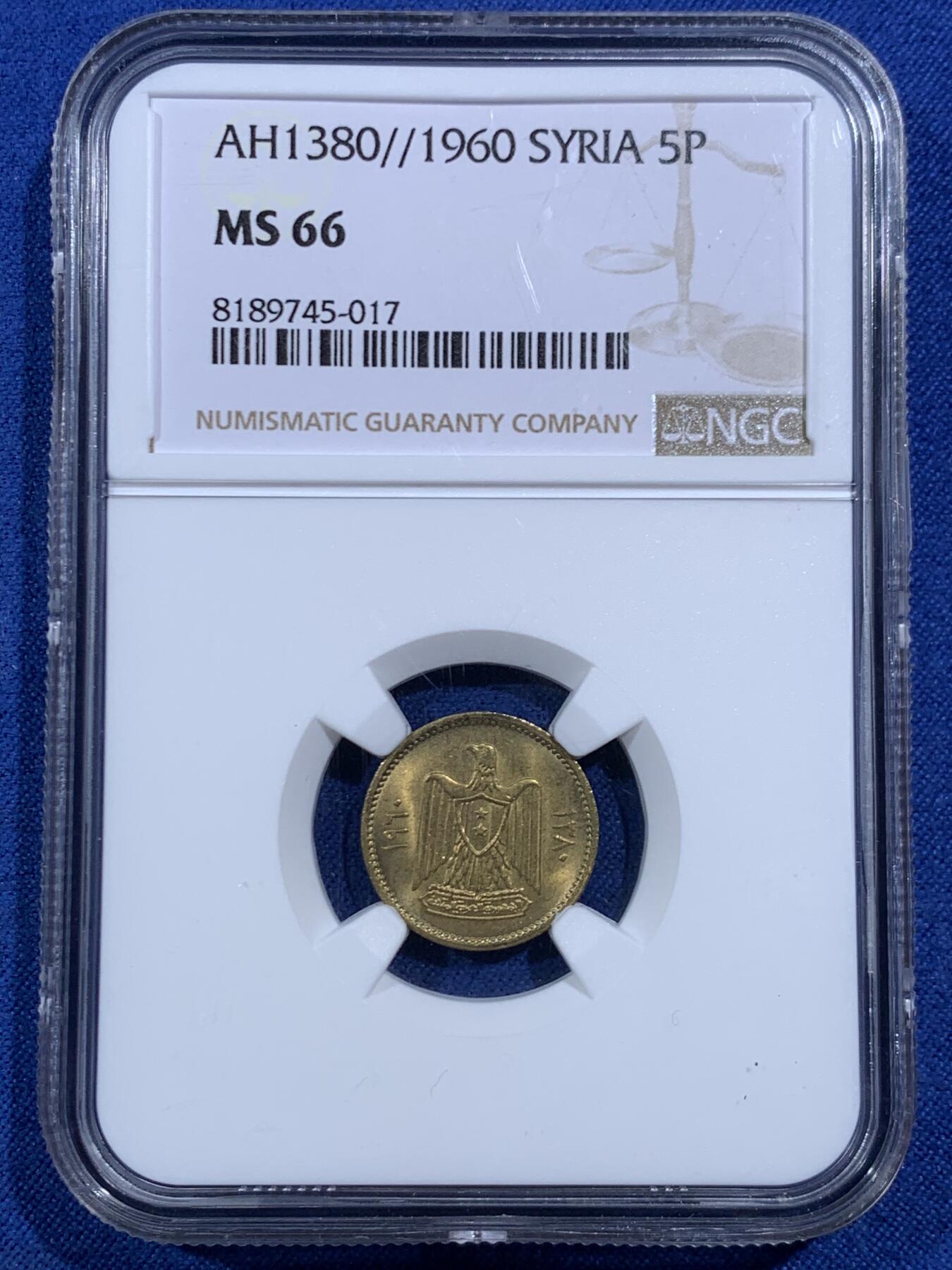 《竞宝斋》第469场 周日，周一 2场连拍 （全场包邮）欢迎送拍 3枚一组 NGC MS65-66 阿联叙利亚1960年2.5、5、10皮铜币