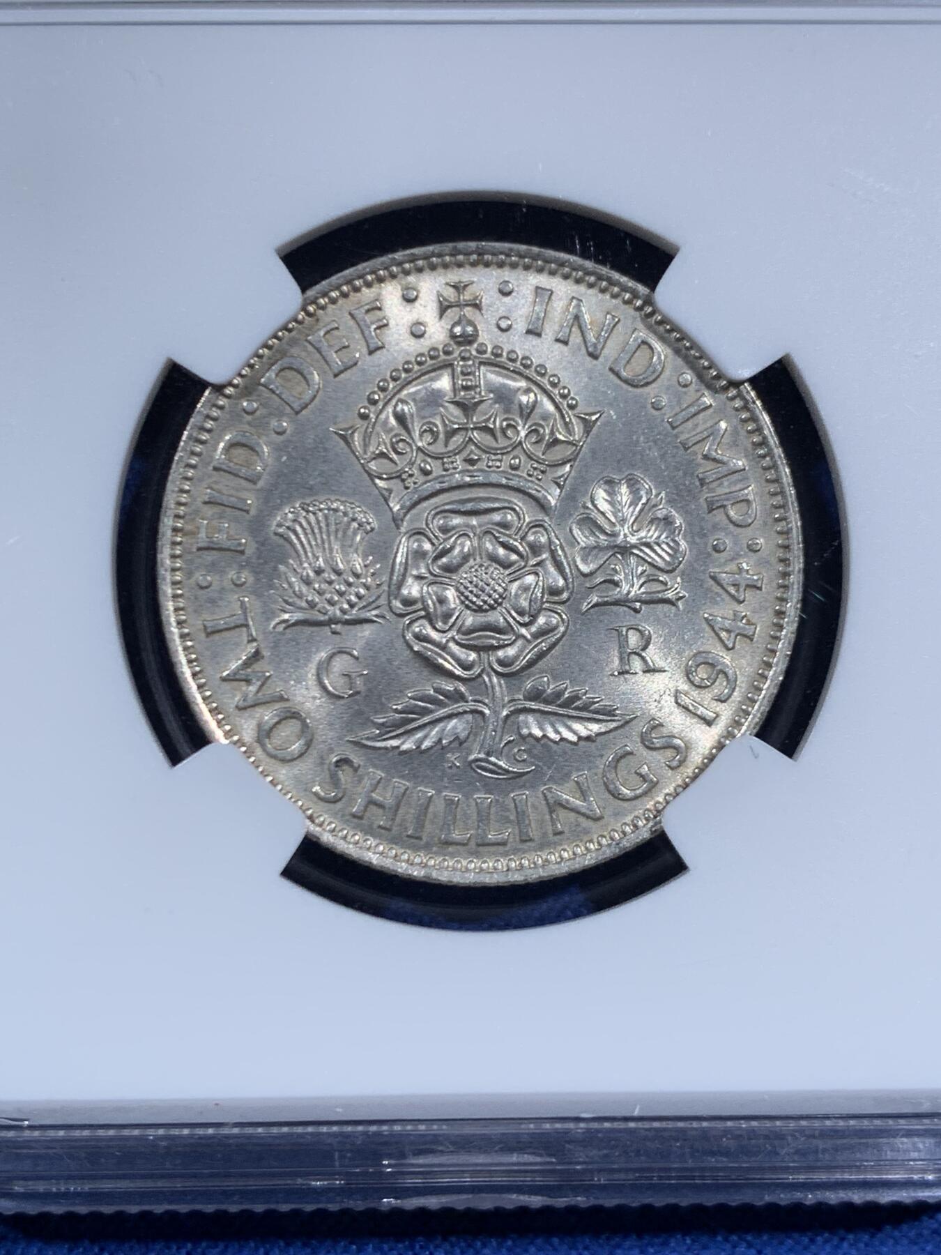 《竞宝斋》第469场 周日，周一 2场连拍 （全场包邮）欢迎送拍 NGC UNCD 英国1944年弗洛林银币，银光不错，疑似错杀