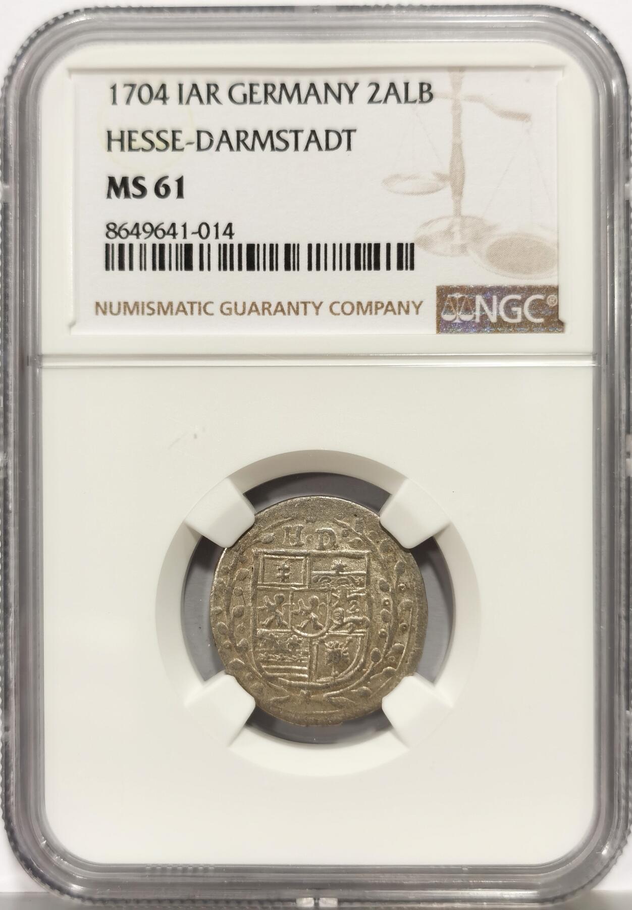 博洋堂世界钱币拍卖第164期（全场包邮） NGC MS61 德国黑森-达姆施塔特1704年2阿尔布斯银币